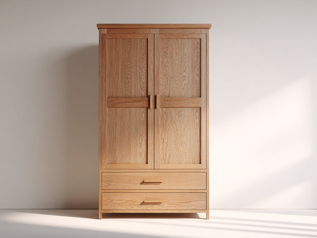 Kleiderschrank Holz 100x50x180 cm - Naturholz - Schlafzimmer Schrank mit zwei Türen und zwei Schubladen