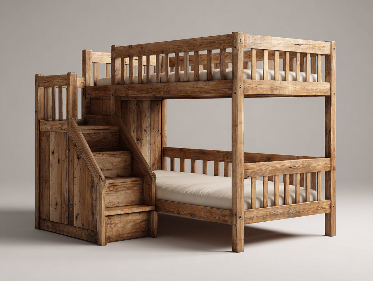 Etagenbett aus Massivholz 250 x 120 x 220 cm - Naturholzfarbe - mit Treppe und sicherem Design für Kinderzimmer