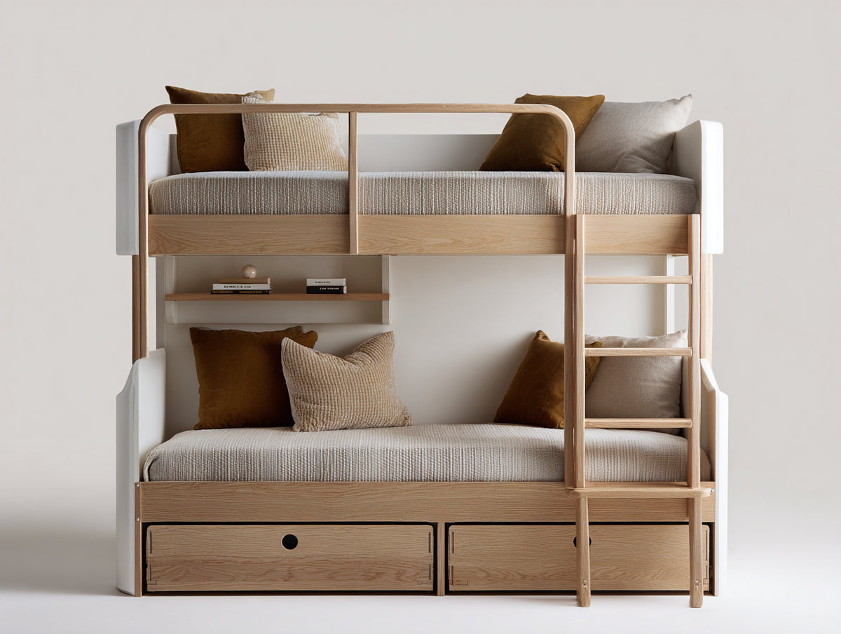 Etagenbett aus Holz 200 x 100 x 180 cm - Naturholz Weiß - Modernes Design mit Leiter und Stauraum
