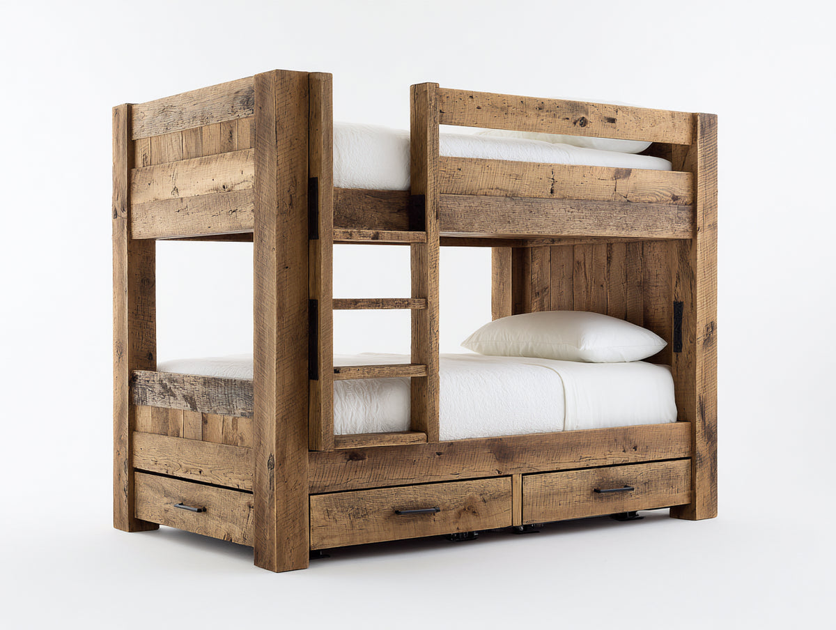 Etagenbett Massivholz 210x105x180 cm - Braun - Rustikales Doppelstockbett mit Leiter und 3 Schubladen