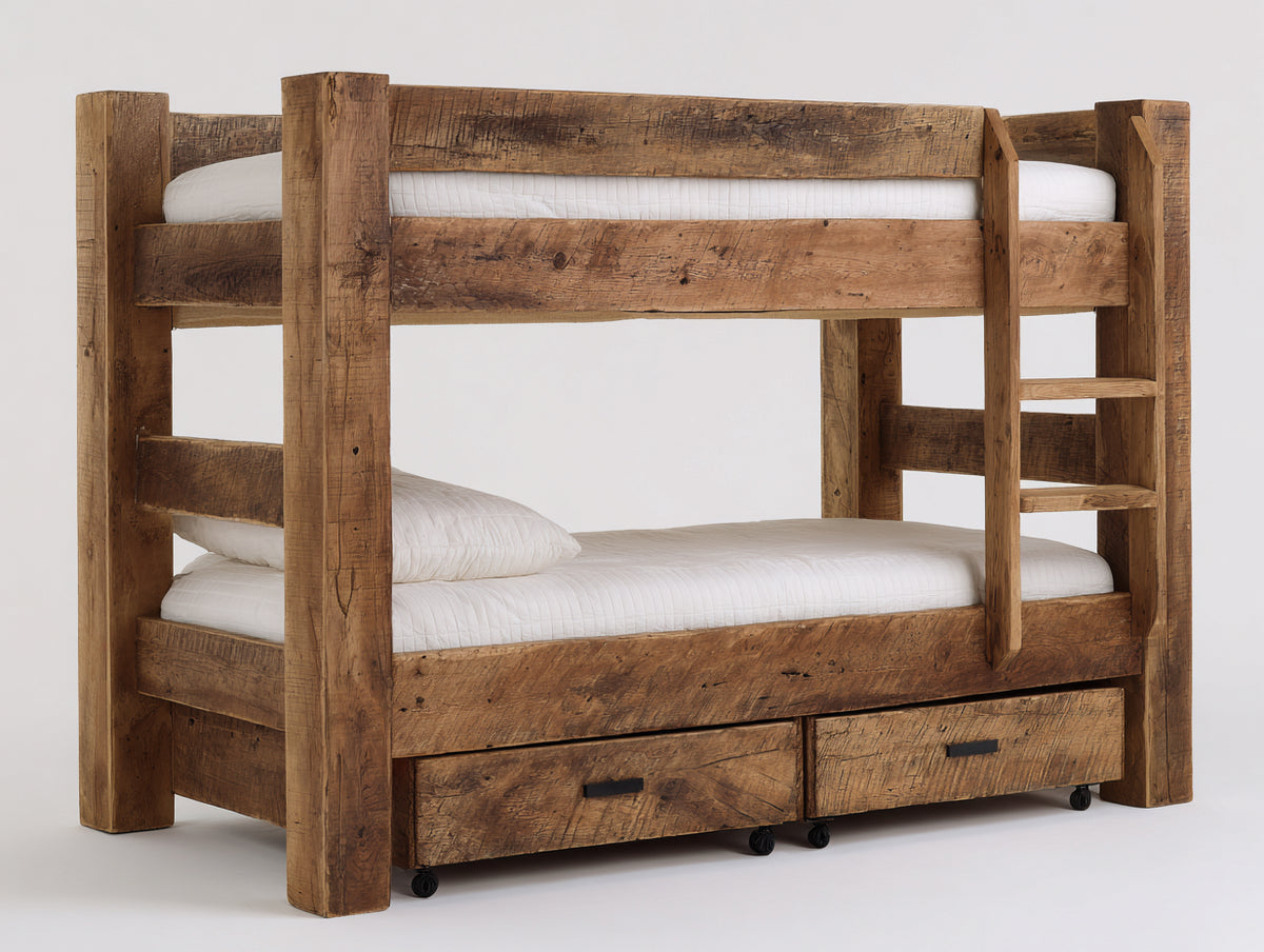 Etagenbett aus Massivholz 250 x 120 x 200 cm - Naturholzfarbe - mit Treppe und Schubladen - platzsparendes Design für Kinderzimmer