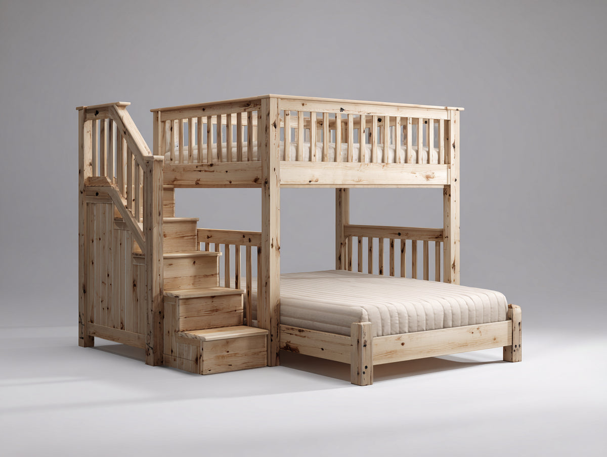 Etagenbett Massivholz 240x200x220 cm - Natur - Doppelstockbett mit Treppe und Schutzgeländer