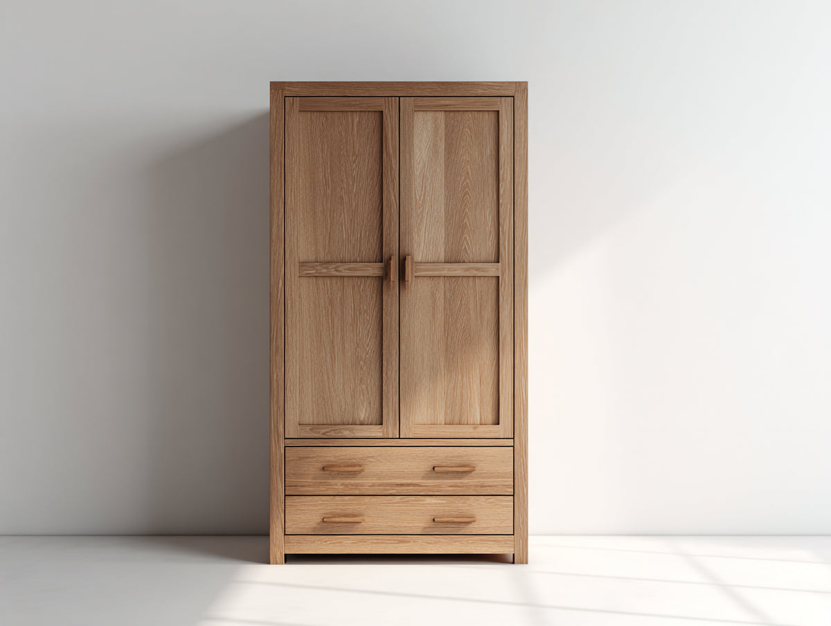 Kleiderschrank aus Holz 90 x 50 x 190 cm - Naturholz - Klassisches Design mit 2 Türen und 2 Schubladen