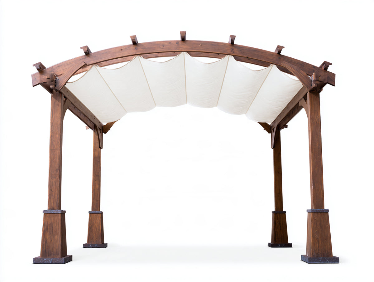 Pavillon aus Holz 300 x 300 x 250 cm - Braun Weiß - Gebogenes Design mit Stoffdach