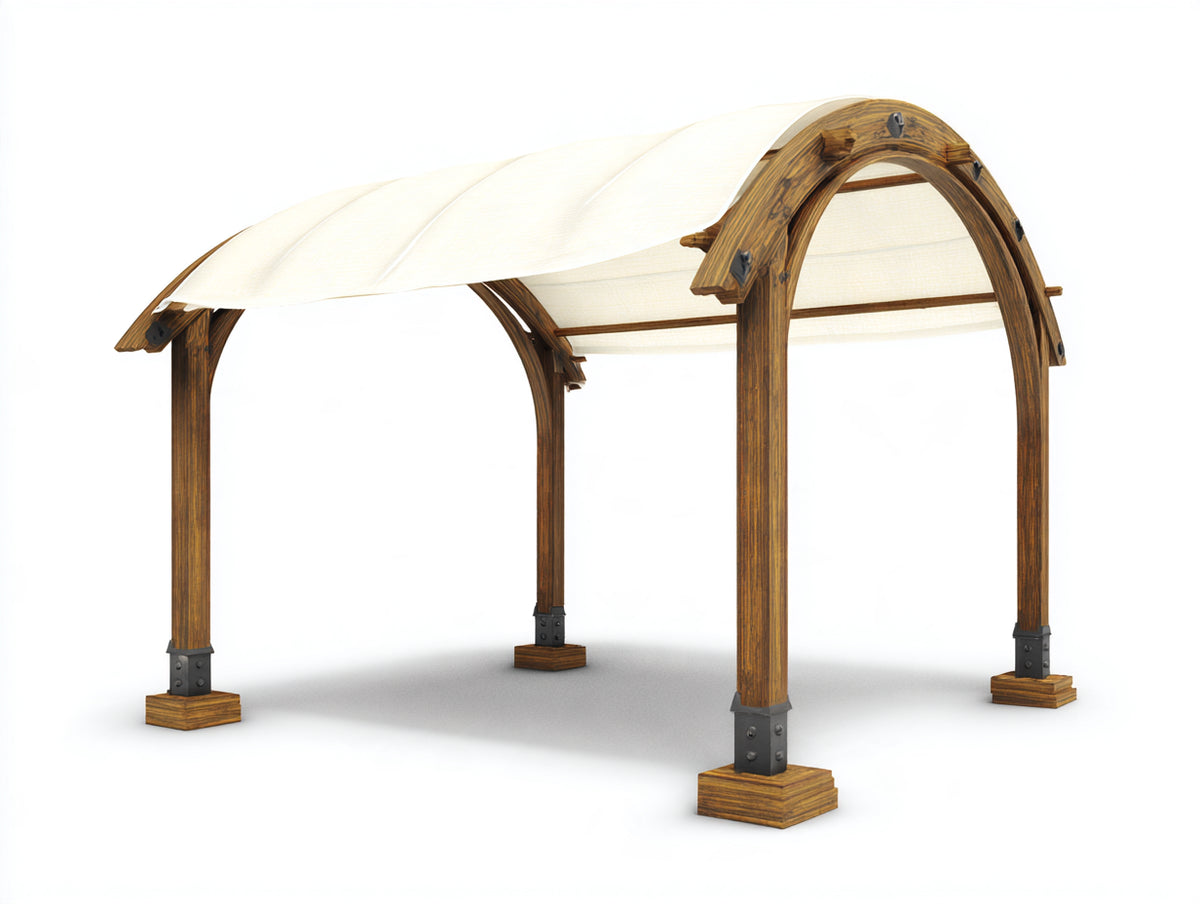 Pavillon Massivholz 300x250x240 cm - Braun Creme Schwarz - Gebogenes Dach mit Stoffbespannung